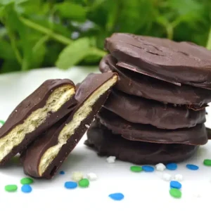 Close-up of mint cookie coated in chocolate